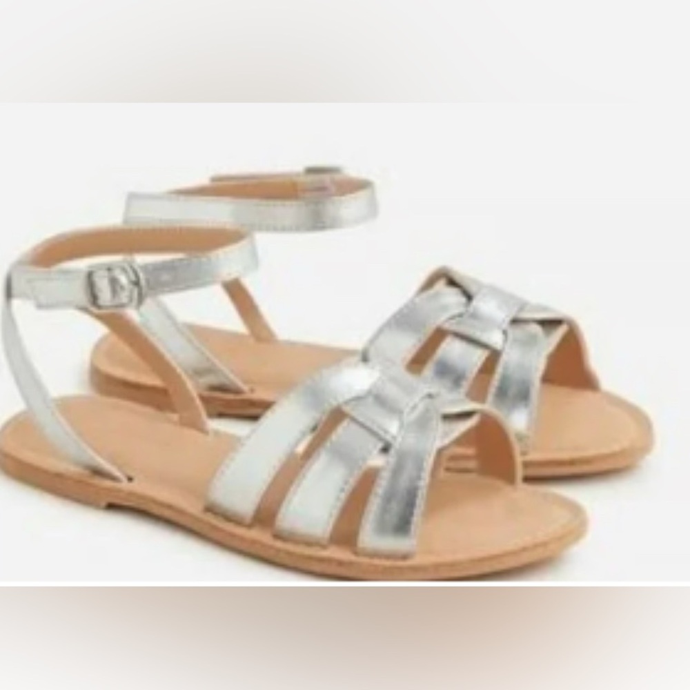 J. Crew Girls Basket Fisherman Weave Sandals Metallic Silver. NWT